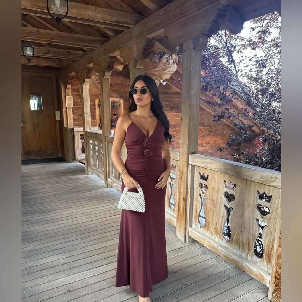 Zara Burgundy Maxi Dress with Rose Detail